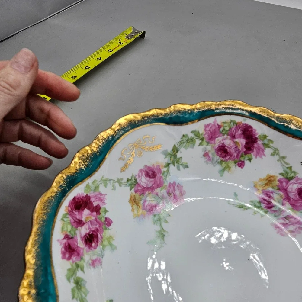 Vintage Porcelain Floral Serving Bowl Pink Roses Teal Gold Gilt Scalloped 9.25